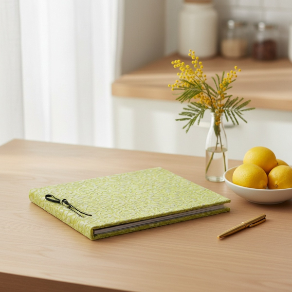 Trixi Gronau CALLA A4 photo album warm chartreuse yellow green velour with raised ornamental pattern and black leather cord binding on honey toned wood with lemons, yellow mimosa and gold pen in sunlit kitchen