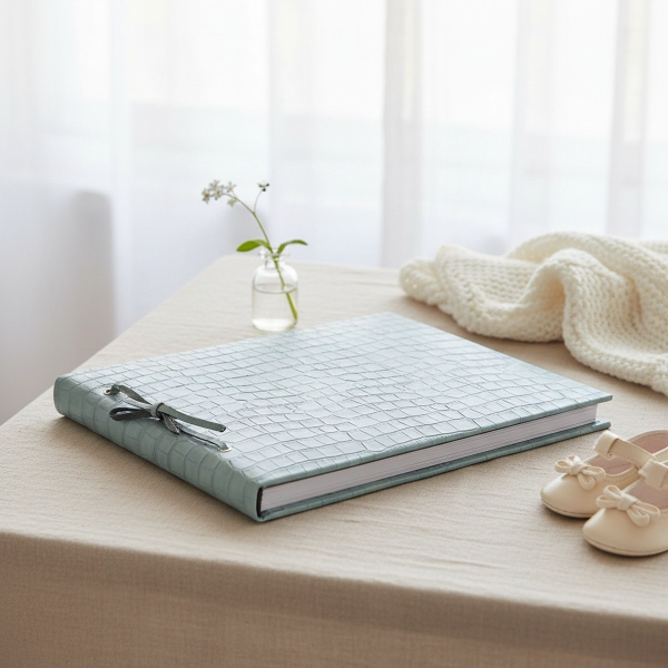 Trixi Gronau CALLA A4 photo album pale metallic sky blue Dakar crocodile embossed leather with black leather cord binding on pale linen with forget-me-not, vintage baby shoes and white knit blanket in bright nursery