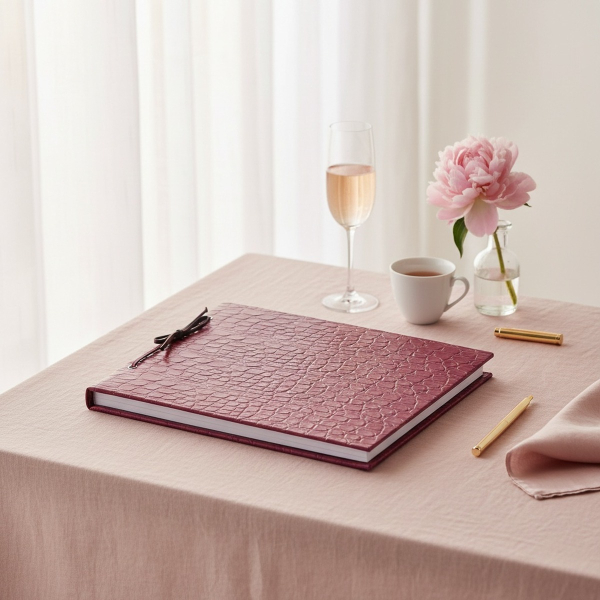 Trixi Gronau CALLA A4 photo album cherry pink Dakar crocodile embossed leather with black leather cord binding on blush pink linen with rosé champagne, pink peony, gold pen and rose silk handkerchief in airy boudoir