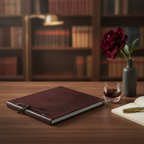 Trixi Gronau CALLA Fotoalbum A4 brombeer-burgund Tejus-Schlangenleder mit schwarzer Lederkordel-Bindung auf dunklem Walnussholz mit Portwein, dunkler Pfingstrose und vintage Messing-Füllfederhalter