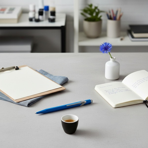 Caran d'Ache 849 COLORMAT-X ballpoint pen in glossy blue on a pale-grey concrete desk with notebook in blue handwriting, a cornflower, espresso and blue-grey linen napkin. Modern creative studio. Trixi Gronau Concept Store, Hamburg.