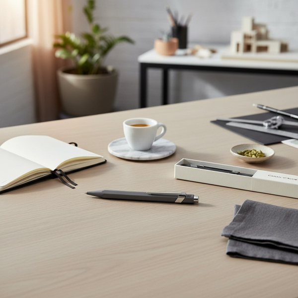 Caran d'Ache 849 rollerball in matte grey aluminium lying flat beside its open cream-grey Caran d'Ache gift box on pale oak, with Moleskine, espresso on marble and linen napkin. Architect's studio. Trixi Gronau Concept Store, Hamburg.