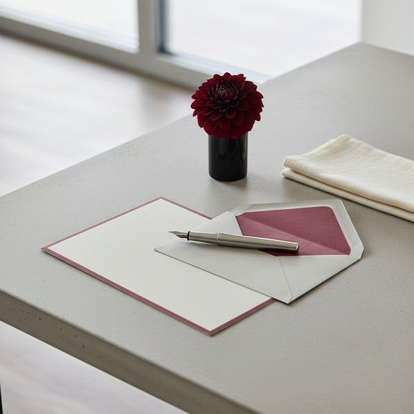 Crown Mill BI-COLOR A6 letter card set in grey with refined bordeaux border, matching grey envelope with deep red liner, on a modern light-grey concrete desk. Alongside a slim Caran d'Ache fountain pen, a black vase with a bordeaux dahlia and a cream line