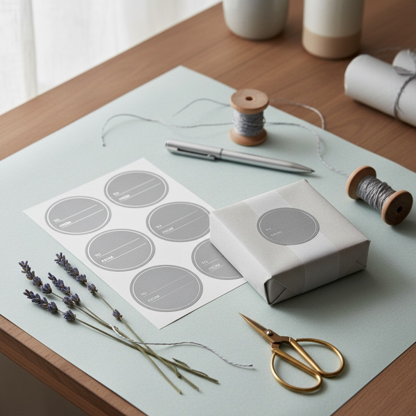 Embacollage round silver gift stickers sheet of six matte silver round labels laid flat on pale cool-grey paper, next to half-wrapped small gift in dove-grey kraft paper with one silver sticker sealing the fold, slim silver pen, spool of silver-grey twine