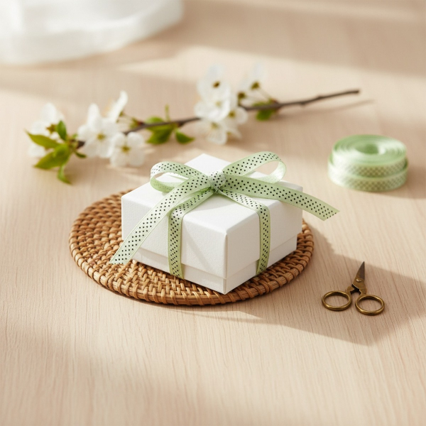 Embacollage Mokuba Geschenkband DOTTY hellgruen mit schwarzen Tupfen, als verspielte Schleife auf einem weiss verpackten Schmuck-Geschenk. Auf heller Eiche mit Kirschblueten-Zweig, Raffia-Untersetzer und Messing-Schere. Frische fruehlingshafte Verpackungs