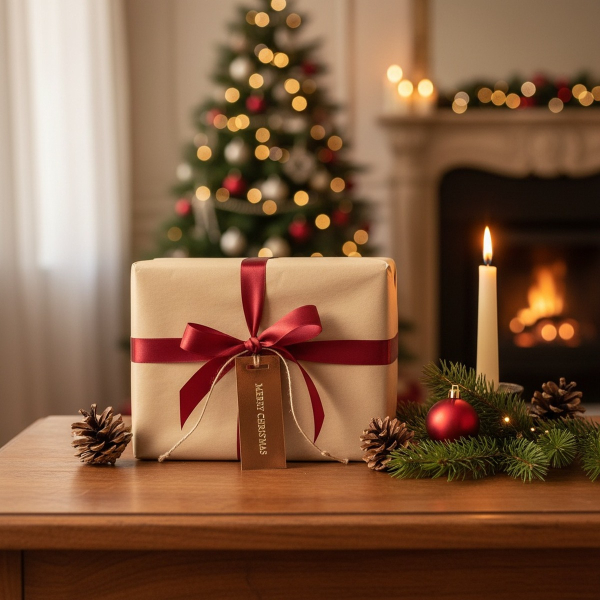 Ember Christmas gift tag MERRY CHRISTMAS bronze copper with gold embossed lettering tied to a kraft-paper-wrapped gift with deep red satin ribbon, fir branch, red bauble, pine cones and beeswax candle on walnut wood with softly lit Christmas living room b