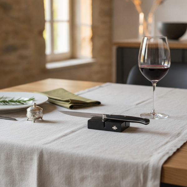 Forge de Laguiole Messerbänkchen matt schwarz mit polierter Bienenprägung, elegant platziert auf cremefarbenem Leinentuch auf modernem Eichen-Esstisch mit Laguiole Steakmesser darauf, halbgefülltem Kristallglas tiefroten Wein, Rosmarinzweig auf Tellerrand