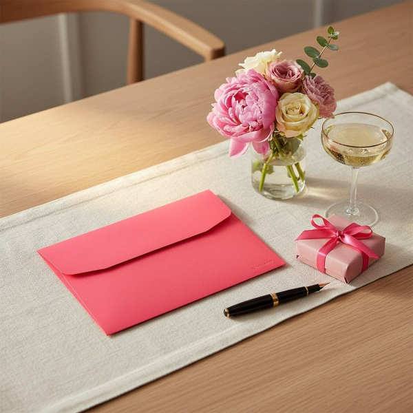 Gmund Geschenkumschlag Action Neon Pink C5, leuchtend neonpinker Briefumschlag aus hochwertigem Gmund-Papier mit zarter GMUND-Praegung unten rechts, liegend im 30-Grad-Winkel auf cremefarbenem Leinenlaeufer ueber hellem Eichen-Schreibtisch. Daneben kleine