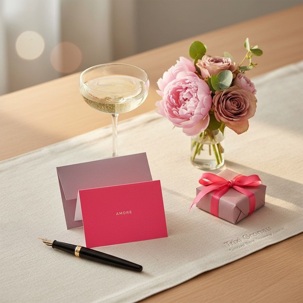 Gmund Grusskarte Little Notes AMORE Neon Pink, kleine visitenkartengroße Klappkarte in leuchtendem Neonpink mit AMORE in eleganter rose-goldener Folienpraegung mittig, dahinter das dusty-rose Couvert aufrecht stehend auf cremefarbenem Leinenlaeufer ueber 