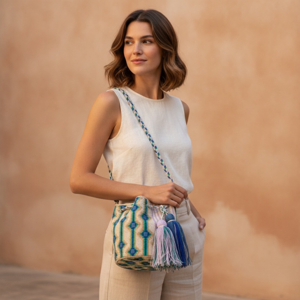 Guanabana Crossbody bag HUTT lilac-green, worn cross-body by a young woman in a summery linen outfit. Handwoven Wayuu-Mochila bucket bag with cream base patterned in royal blue, emerald green and soft lilac diamond / zigzag motifs, thick tassels at the dr