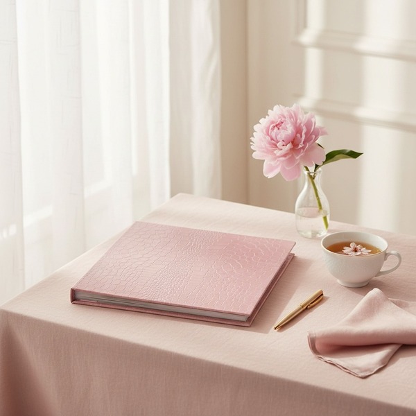 Trixi Gronau ISA photo album powder rose pink crocodile-embossed Skivertex on blush pink linen with cherry blossom, pink peony and gold pen in airy dressing-room corner