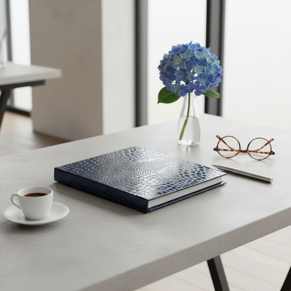 Trixi Gronau ISA Fotoalbum Croco-Praegung royalblau Hochglanz auf hellem Beton mit Espresso, blauer Hortensie und runder Schildpattbrille in modernem Arbeitszimmer