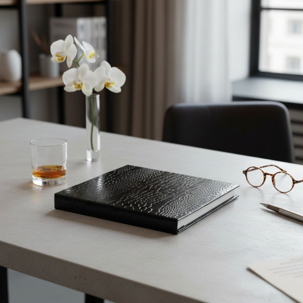 Trixi Gronau ISA photo album black high-gloss crocodile-embossed Skivertex on pale concrete with whisky, white orchid and round tortoiseshell glasses in modern masculine study