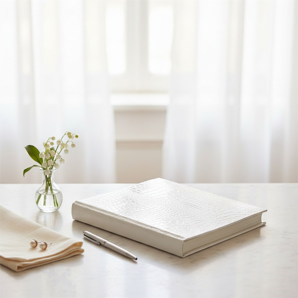 Trixi Gronau ISOLA photo album 23x30 ivory white crocodile-embossed Skivertex on pale marble with lily of the valley, pearl earrings and silver pen in bright bridal suite