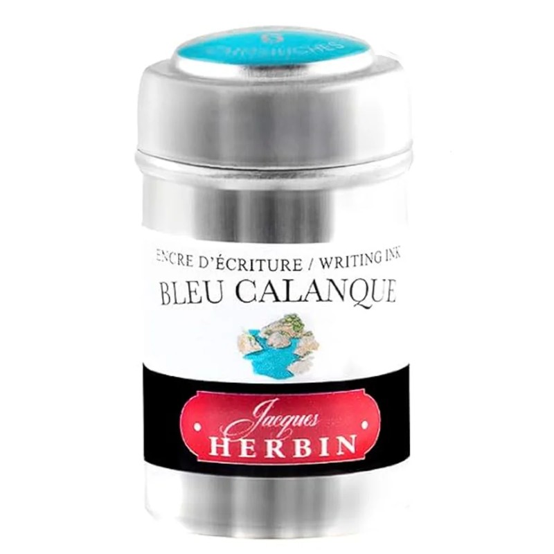 Jacques Herbin Bleu Calanque Tintenpatronen, Aluminiumdose mit sechs Patronen in leuchtendem Blau