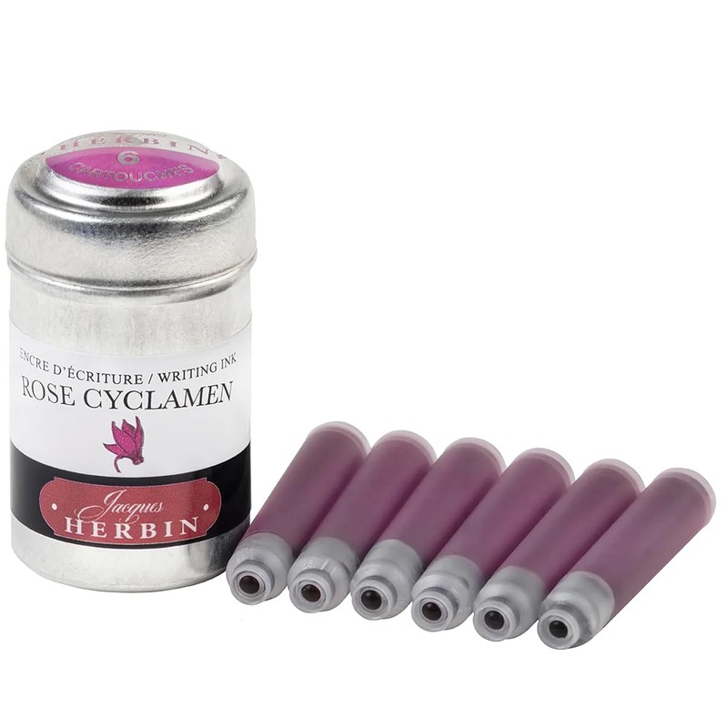 Jacques Herbin Rose Cyclamen Aluminiumdose mit sechs Tintenpatronen in kräftigem Rosa