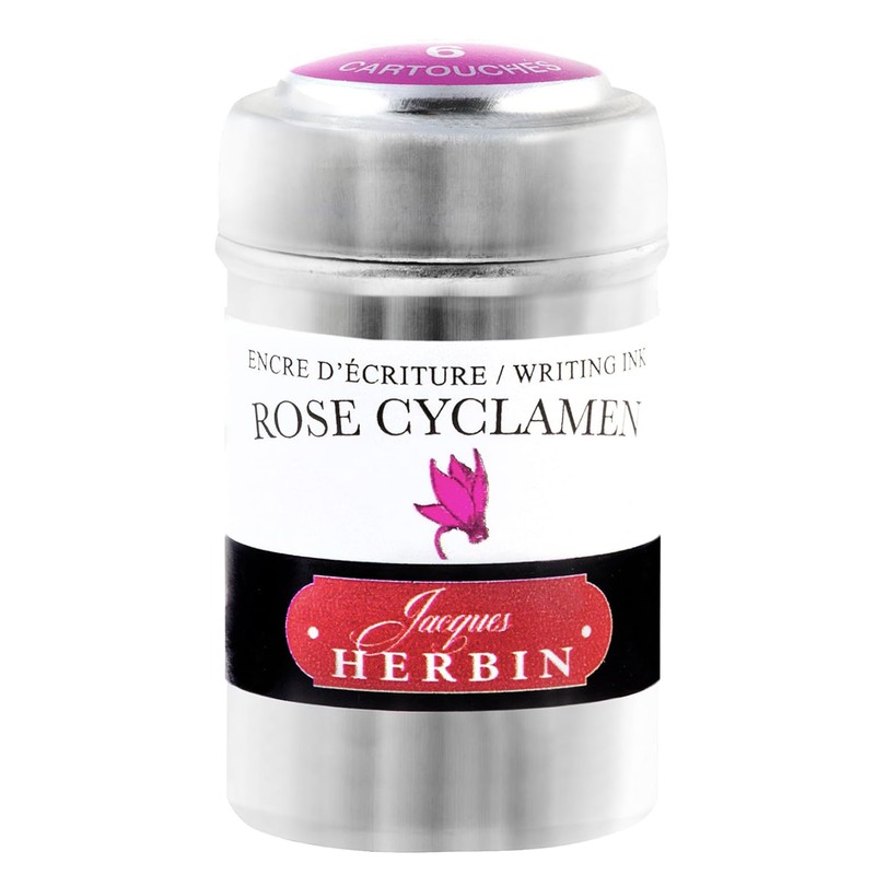 Jacques Herbin Rose Cyclamen Tintenpatronen in silberfarbener Aluminiumdose mit Alpenveilchenmotiv