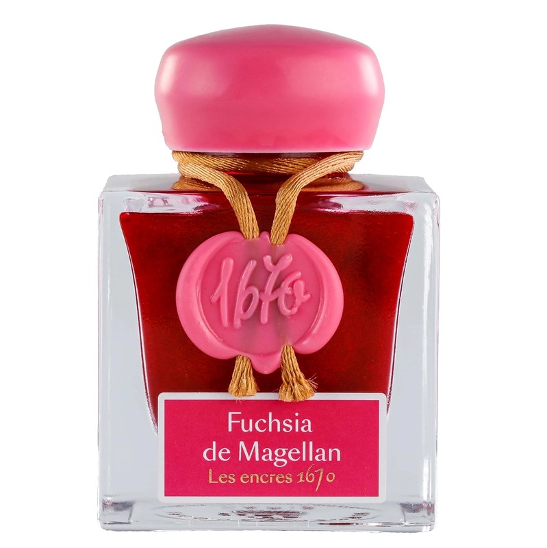 Jacques Herbin 1670 Tinte Fuchsia de Magellan im quadratischen 50-ml-Glasflakon mit pinkem Deckel, goldfarbener Kordel und Wachssiegel