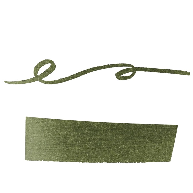 Farbmuster Jacques Herbin Vert Empire mit olivgrüner Schreiblinie und breitem Tintenstrich