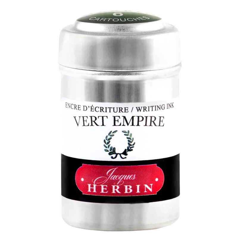 Jacques Herbin Vert Empire Tintenpatronen in silberfarbener Aluminiumdose mit grünem Etikett