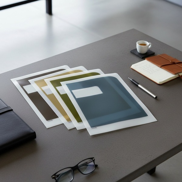 Julifoli MONO BUSINESS document sleeves, fanned out on a modern dark-grey desk. Five transparent A4 sleeves in muted professional tones (olive, mustard gold, dark green, petrol blue, anthracite) with leather portfolio, cognac notebook and an espresso. Ref