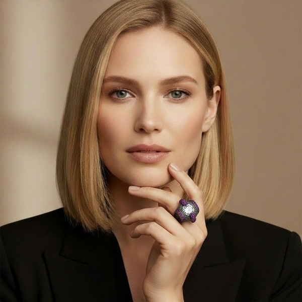 KMO Cocktail Ring DA VINCI amethyst am Mittelfinger einer eleganten Frau mit schulterlangem, naturblondem Haar, Hand sanft an Kinn und Hals gelegt. Skulptural geformter Cushion-Ring mit zentralem klarem Stein und tief violettem Amethyst-Pavé auf dunkler, 
