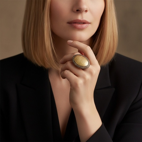 KMO Cocktail Ring NIKA gold on the middle finger of an elegant blonde woman with shoulder-length natural hair, hand softly raised to her chin and neck. Large oval dome ring with crackled gold-leaf centre and dark champagne pavé halo on a polished gold ban