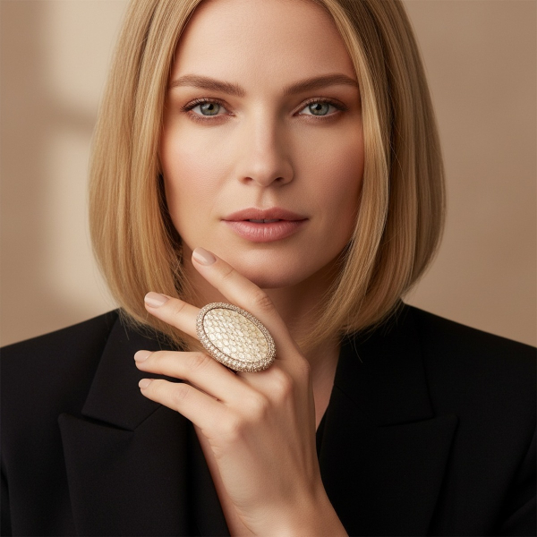 KMO Cocktail Ring NIKA natural am Mittelfinger einer eleganten Frau mit schulterlangem, naturblondem Haar, Hand sanft an Kinn und Hals gelegt. Grosser, lang gestreckter ovaler Dome-Ring mit creme-natuerlichen Exoten-Schuppen im Zentrum und warmem beige-ch