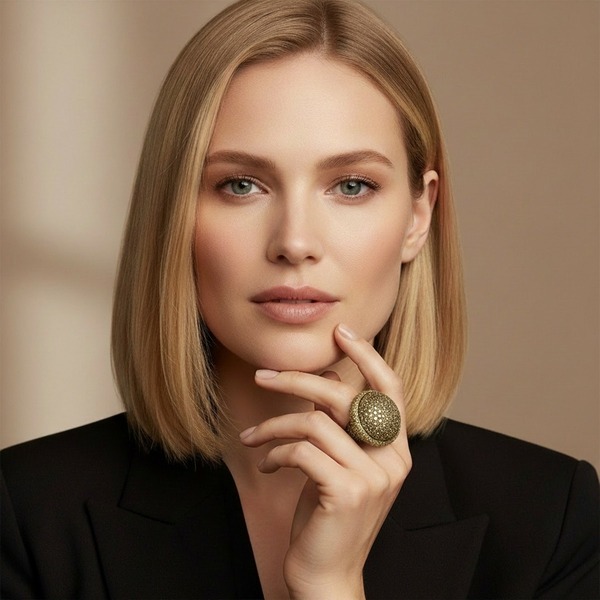 KMO Ring MONA LISA Statement oliv-gruen am Mittelfinger einer eleganten Frau mit schulterlangem, naturblondem Haar, Hand sanft an Kinn und Hals gelegt. Grosser runder Dome-Ring mit dicht gesetztem Silber-Pavé auf der oberen Haelfte und warm oliv-goldenem 