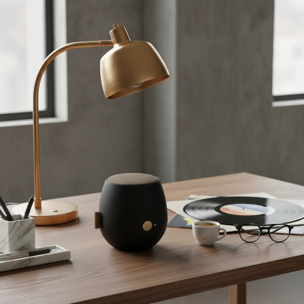Kreafunk aJAZZ Bluetooth speaker matte black with knit-textured cloth grille and brand label, standing on modern smoked oak desk with brushed brass desk lamp, half-open vinyl record sleeve in muted graphic colours, espresso, black-rimmed reading glasses a