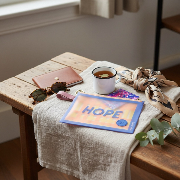 Lightree Pouch L kompakte kleine Zip-Tasche in HOPE BLUE recycelter Stoff mit rundem Logo-Patch, liegend auf hellem Leinentuch auf Holzbank mit Lederpasshülle, Emaillebecher Kräutertee, runder Vintage-Sonnenbrille, gefaltetem Sandfarbenem Foulard und Euka