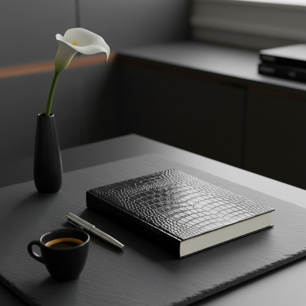 Trixi Gronau MAZZI A5 Notizbuch Croco-Prägung schwarz auf dunklem Schiefer-Schreibtisch mit Calla-Lilie und Espresso