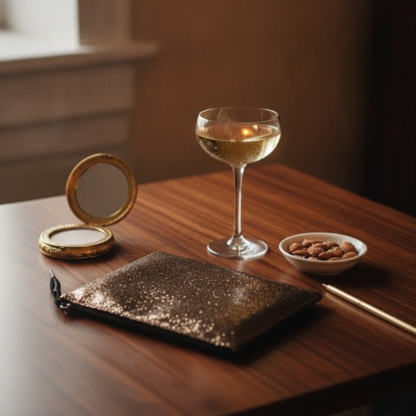 Nurage Zip Clutch glänzende Bronze-Glitter-Lederoptik mit Goldreissverschluss, flach liegend auf dunklem Walnussholz-Bartisch mit Coupe-Champagner, Porzellanschälchen mit gesalzenen Mandeln, vintage Goldpuderdose und schmalem Goldstift in eleganter Abendb