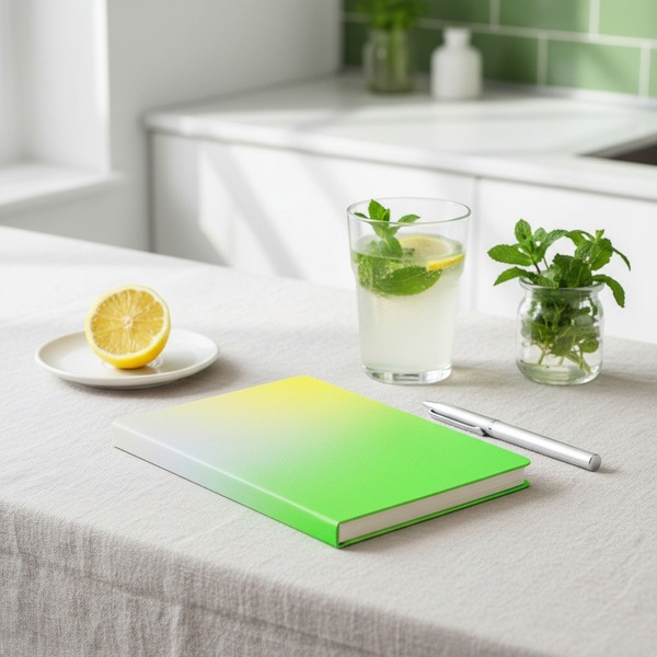 Nuuna A5 notebook COLOUR CLASH FRESH gradient grey-yellow-neon green on pale linen with lemon slice, fresh lemonade with mint and small green plant in sun-flooded morning kitchen