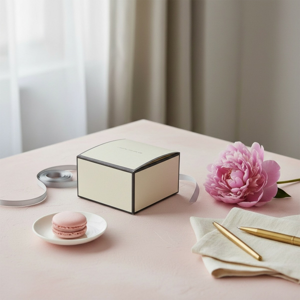 Re della Carta foldable gift box A SPECIAL GIFT FOR YOU soft cream printed paper with elegant script across the lid, standing on softly washed plaster table with slim gift ribbon trailing beside it, fresh peony bloom, small porcelain saucer with macaron, 