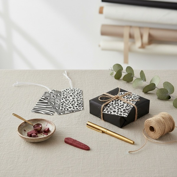 Re della Carta Geschenkanhänger Animal 3er-Set Schlange Leopard Zebra Papieranhänger mit Naturkordel, leicht aufgefächert liegend auf cremefarbenem Leinen mit halb verpacktem Geschenk in matt schwarzem Papier verschnürt mit einem der Anhänger, schmalem Me