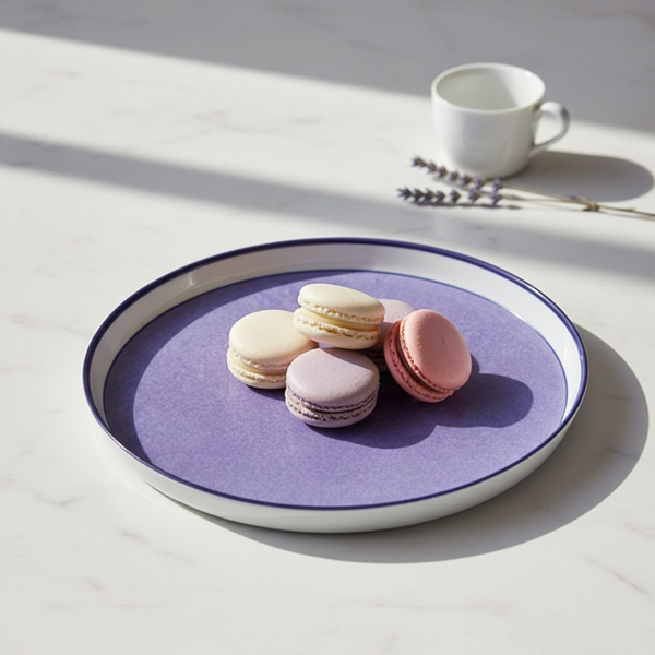 Reichenbach COLOUR II DISH Platte flieder mit pastellfarbenen Macarons