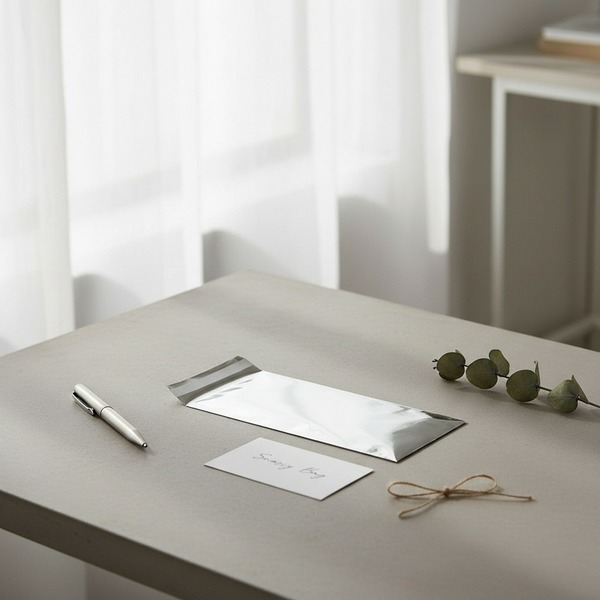 SNAZZY BAG DIN-long letter envelope silver mirror metallic foil on modern pale grey desk with silver pen, handwritten white card, eucalyptus and twine bow in Scandinavian atelier