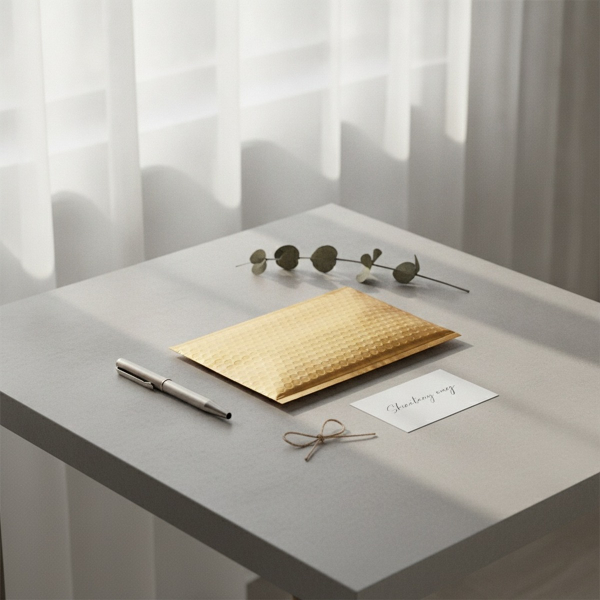 SNAZZY BAG padded bubble-mailer envelope gold metallic foil on modern pale grey desk with silver pen, handwritten white card, eucalyptus and twine bow in Scandinavian atelier