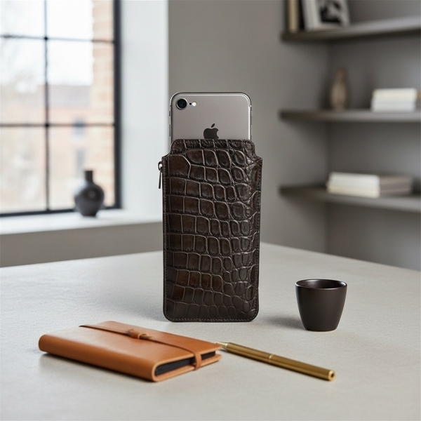 Trixi Gronau FABIO iPhone 6/6s Etui glänzend dunkelbraun Alligator-Prägung Kalbsleder, auf hellgrauem Schreibtisch mit halb herausgezogenem iPhone, schwarzem Espressobecher, Messingstift und Lederbuch im modernen Studio