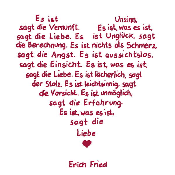 Trixi Gronau * Erich Fried Gedicht Hochzeitskarte, Farbe weiss, Druck rot, ...