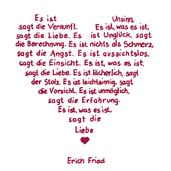 Trixi Gronau • Erich Fried Gedicht  Hochzeitskarte, Farbe weiss, Druck rot, Detail