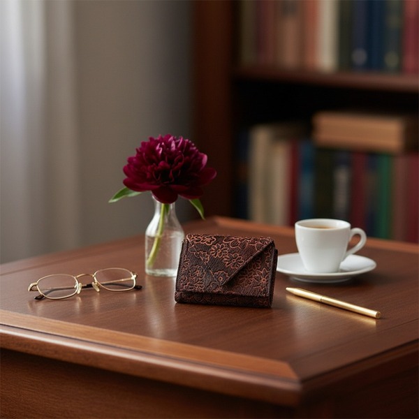 Trixi Gronau METTE kleine Wickelbörse bordeaux Shetland-Leder mit floraler Prägung im Smokingbörsen-Format, auf dunklem Walnussholz mit vintage Goldrand-Lesebrille, burgunder Pfingstrose, Espresso und Messingstift in eleganter Bibliothek