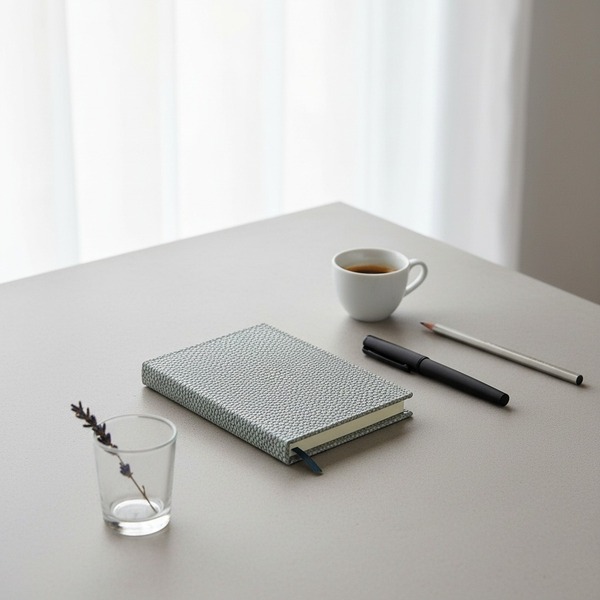 Trixi Gronau VIDA small A7 pocket notebook soft grey Beluga embossed pebble grain calf leather with blue ribbon bookmark, on modern pale grey desk with ballpoint pen, espresso, steel pencil and dried lavender in Scandinavian study