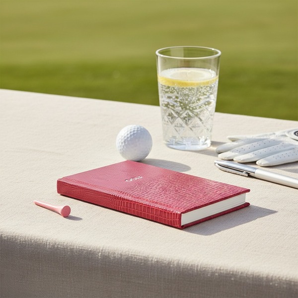 Trixi Gronau GOLF Diary fuchsia Iguana-Praegung mit Silberpraegung auf hellem Leinentisch einer sonnigen Golf-Clubhaus-Terrasse mit Golfball, Handschuh, Chromstift und Sprudelwasser mit Zitrone
