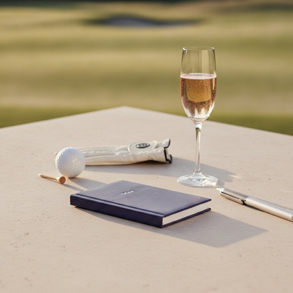 Trixi Gronau GOLF Diary royalviolett Lizard-Praegung mit Silberpraegung auf heller Steinplatte einer Golf-Clubhaus-Terrasse mit Golfball, Handschuh, Chromstift und Rose-Champagner