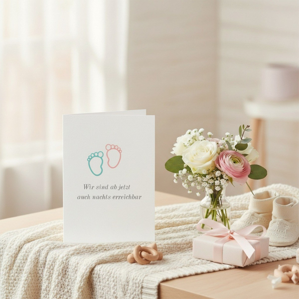 Trixi Gronau Babykarte NACHTS ERREICHBAR, B6 Hochformat in weissem Perlglanzpapier mit zwei kleinen Baby-Fussabdruck-Outlines nebeneinander (einer tuerkis-mint, einer soft-korallenpink) und darunter der Satz Wir sind ab jetzt auch nachts erreichbar in fei