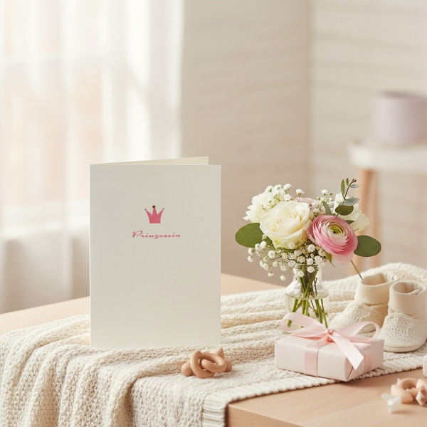 Trixi Gronau Babykarte PRINZESSIN, B6 Hochformat in cremefarbenem Leinen-strukturiertem Papier mit kleiner pinker Krone, kleinem goldenem Edelstein-Akzent und Prinzessin in feiner pinker Italic-Schreibschrift. Auf cremefarbener Strickdecke auf hellem Eich
