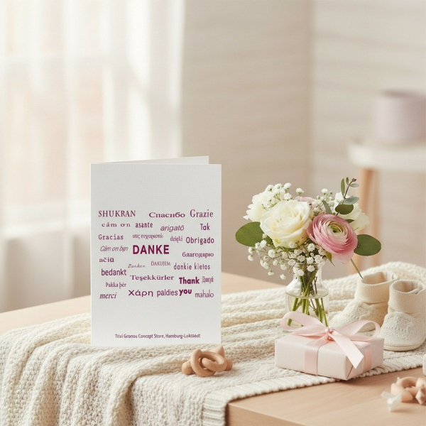 Trixi Gronau thank you card multilingual, B6 portrait in white pearlescent paper with a word cloud of thank you in many languages (DANKE, Grazie, Merci, Gracias, Spasibo, arigato, SHUKRAN, asante, Tak, Obrigado etc.) in different fonts and sizes in deep m