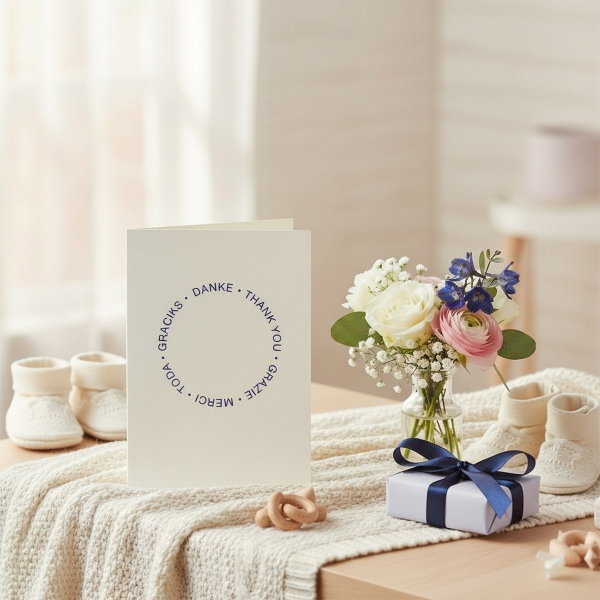 Trixi Gronau thank you card ROUND, B6 portrait in white pearlescent paper with the words DANKE THANK YOU GRAZIE MERCI TODA GRACIAS arranged in a perfect circle in fine navy-blue sans-serif. On a cream knitted blanket over light-oak surface, beside a tende